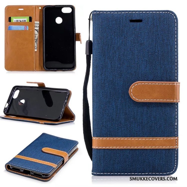 Etui Huawei Y6 Pro 2017 Læder Ren Denim, Cover Huawei Y6 Pro 2017 Tegnebog Rød Kort