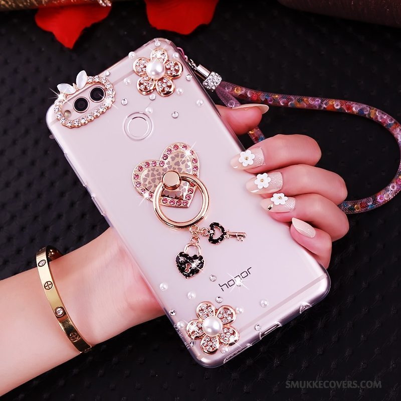 Etui Huawei Y6 Pro 2017 Strass Telefonhængende Ornamenter, Cover Huawei Y6 Pro 2017 Tasker Lyserød Anti-fald