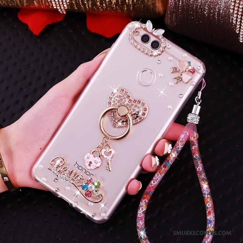 Etui Huawei Y6 Pro 2017 Strass Telefonhængende Ornamenter, Cover Huawei Y6 Pro 2017 Tasker Lyserød Anti-fald