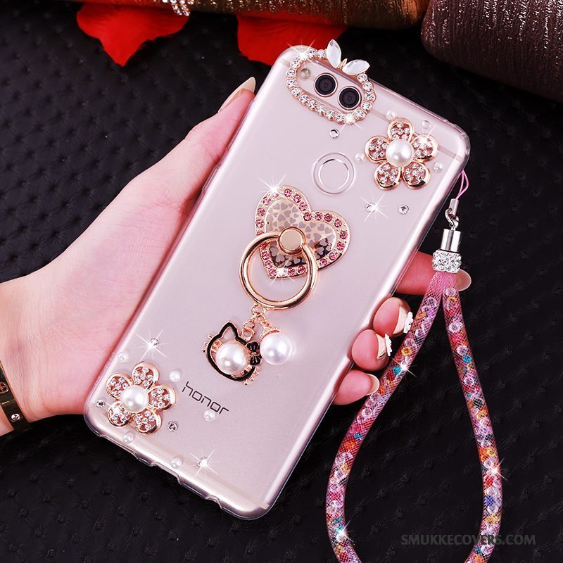 Etui Huawei Y6 Pro 2017 Strass Telefonhængende Ornamenter, Cover Huawei Y6 Pro 2017 Tasker Lyserød Anti-fald