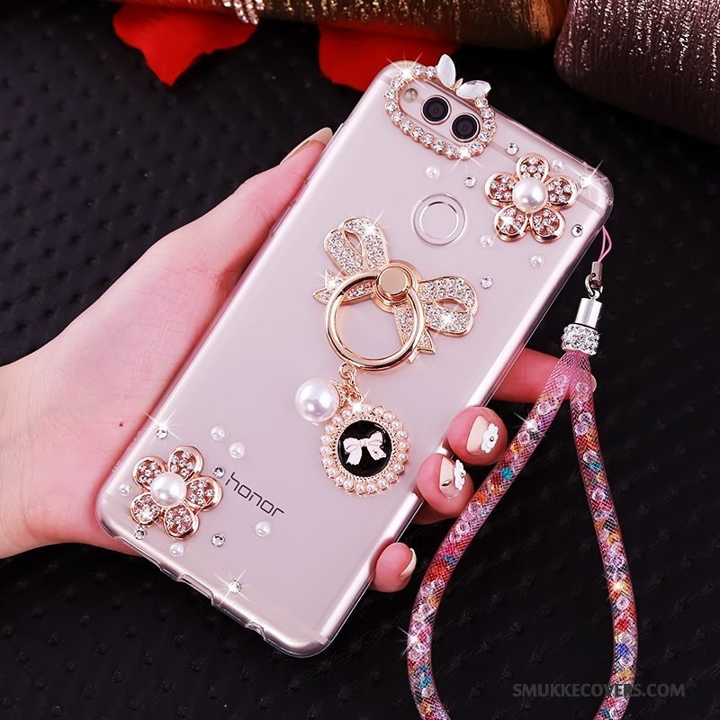 Etui Huawei Y6 Pro 2017 Strass Telefonhængende Ornamenter, Cover Huawei Y6 Pro 2017 Tasker Lyserød Anti-fald