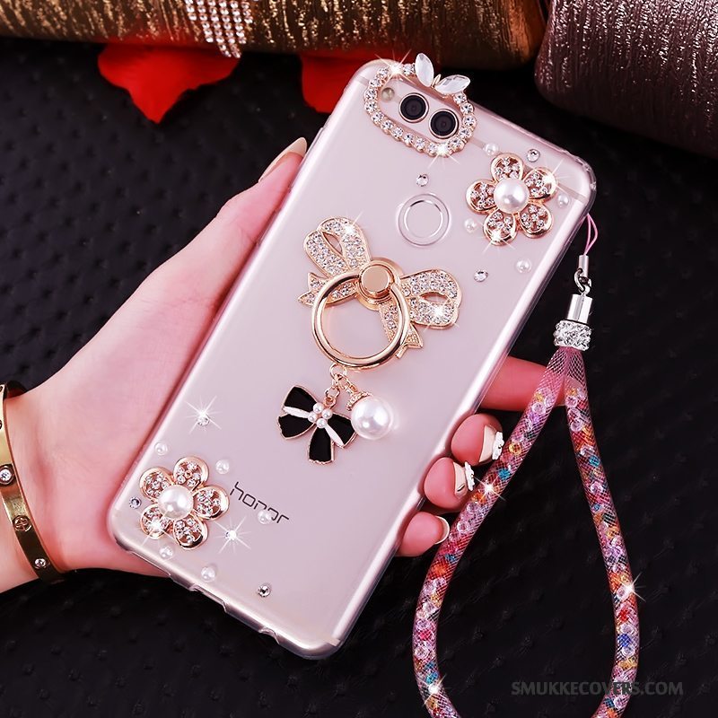 Etui Huawei Y6 Pro 2017 Strass Telefonhængende Ornamenter, Cover Huawei Y6 Pro 2017 Tasker Lyserød Anti-fald