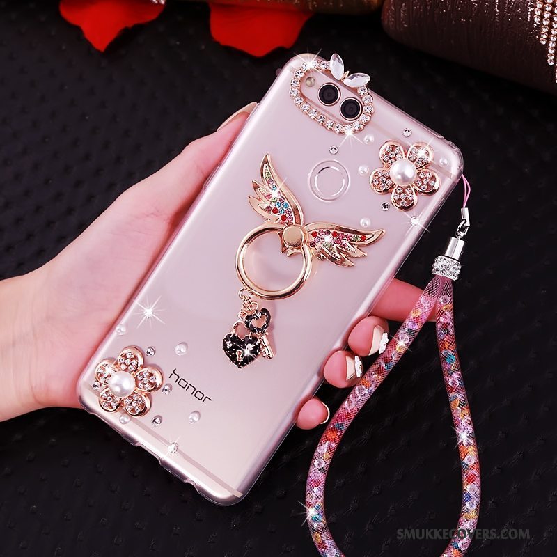 Etui Huawei Y6 Pro 2017 Strass Telefonhængende Ornamenter, Cover Huawei Y6 Pro 2017 Tasker Lyserød Anti-fald