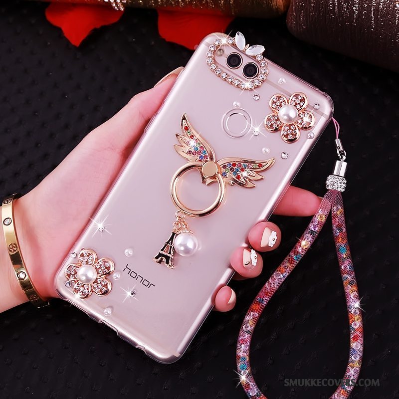 Etui Huawei Y6 Pro 2017 Strass Telefonhængende Ornamenter, Cover Huawei Y6 Pro 2017 Tasker Lyserød Anti-fald