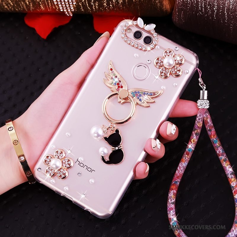 Etui Huawei Y6 Pro 2017 Strass Telefonhængende Ornamenter, Cover Huawei Y6 Pro 2017 Tasker Lyserød Anti-fald