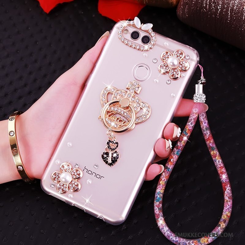 Etui Huawei Y6 Pro 2017 Strass Telefonhængende Ornamenter, Cover Huawei Y6 Pro 2017 Tasker Lyserød Anti-fald