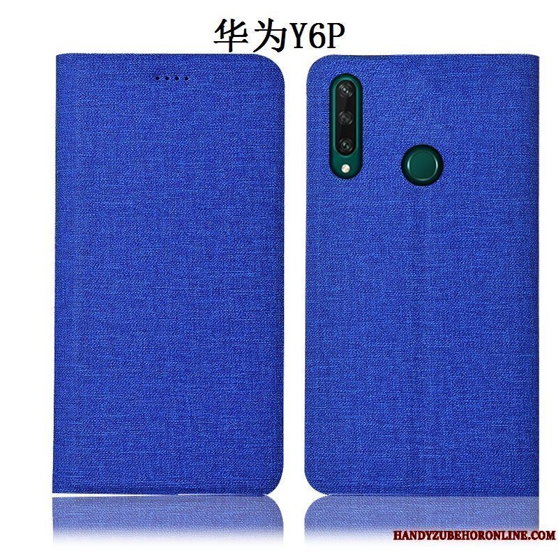 Etui Huawei Y6p Læder Blå Telefon, Cover Huawei Y6p Folio Bomuld Og Linned Anti-fald