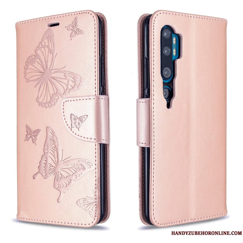 Etui Mi Note 10 Læder Solid Farve Lilla, Cover Mi Note 10 Relief Sommerfugle Hængende Ornamenter