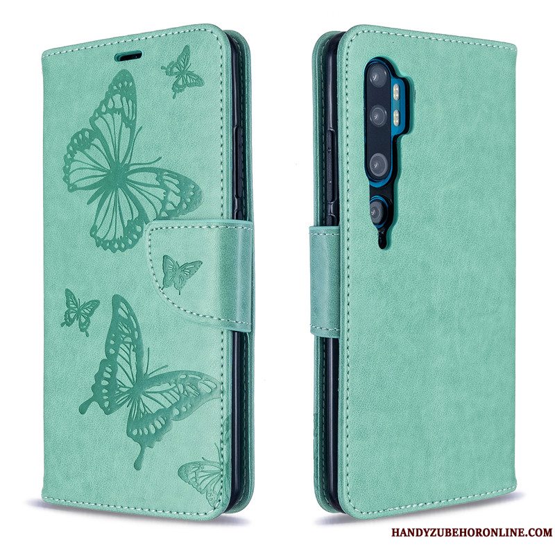 Etui Mi Note 10 Læder Solid Farve Lilla, Cover Mi Note 10 Relief Sommerfugle Hængende Ornamenter