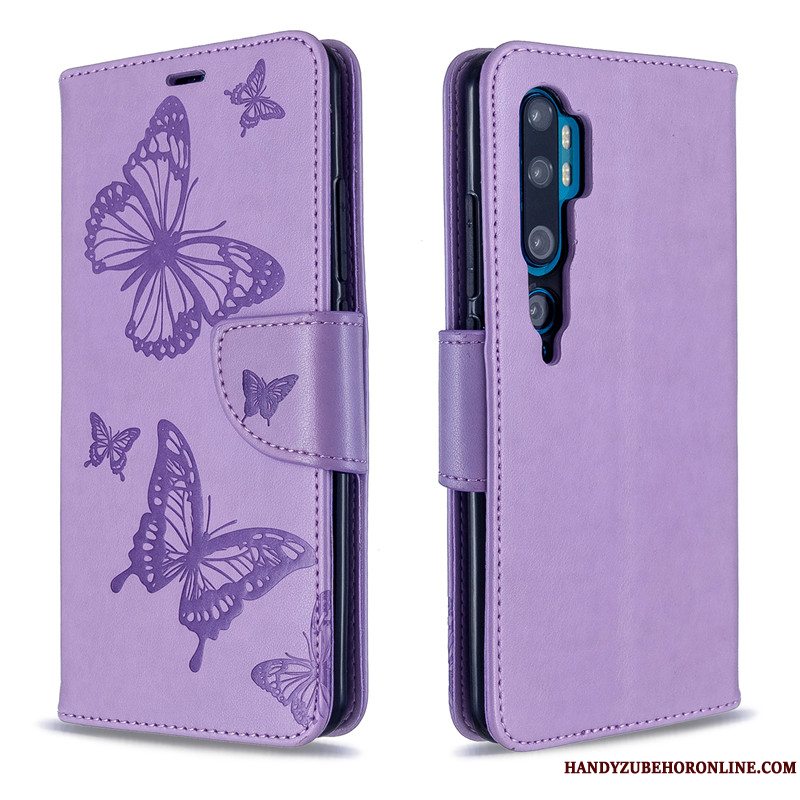 Etui Mi Note 10 Læder Solid Farve Lilla, Cover Mi Note 10 Relief Sommerfugle Hængende Ornamenter