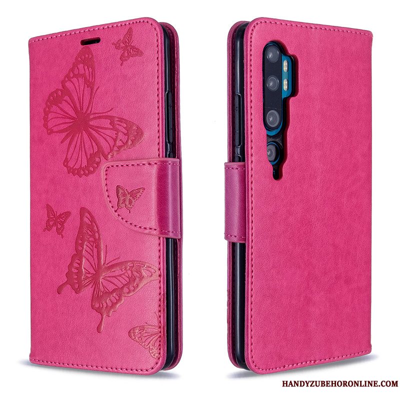 Etui Mi Note 10 Læder Solid Farve Lilla, Cover Mi Note 10 Relief Sommerfugle Hængende Ornamenter