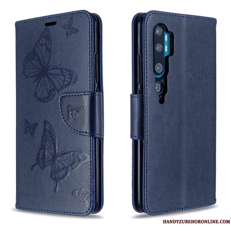 Etui Mi Note 10 Læder Solid Farve Lilla, Cover Mi Note 10 Relief Sommerfugle Hængende Ornamenter