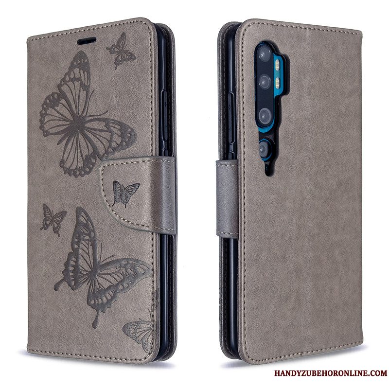 Etui Mi Note 10 Læder Solid Farve Lilla, Cover Mi Note 10 Relief Sommerfugle Hængende Ornamenter