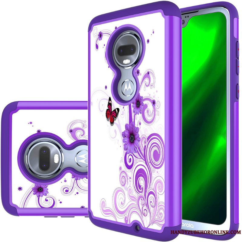 Etui Moto G7 Læder Anti-fald Lilla, Cover Moto G7 Malet Robot