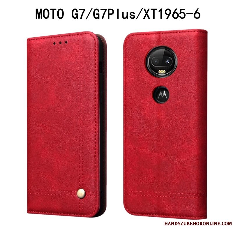 Etui Moto G7 Plus Vintage Rød Anti-fald, Cover Moto G7 Plus Læder Telefon