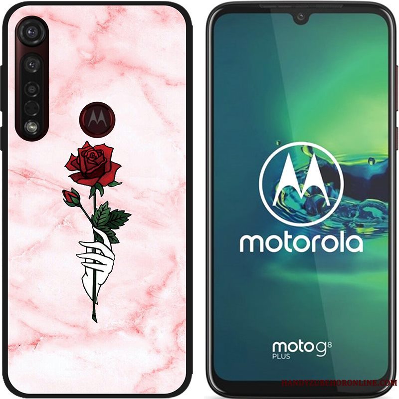 Etui Moto G8 Plus Cartoon Lyserød Nubuck, Cover Moto G8 Plus Kreativ Telefonsort