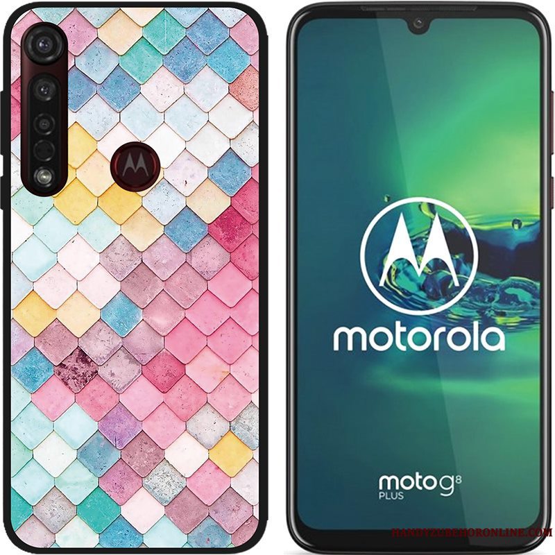 Etui Moto G8 Plus Cartoon Lyserød Nubuck, Cover Moto G8 Plus Kreativ Telefonsort