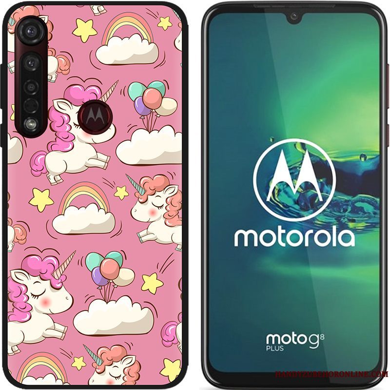 Etui Moto G8 Plus Cartoon Lyserød Nubuck, Cover Moto G8 Plus Kreativ Telefonsort