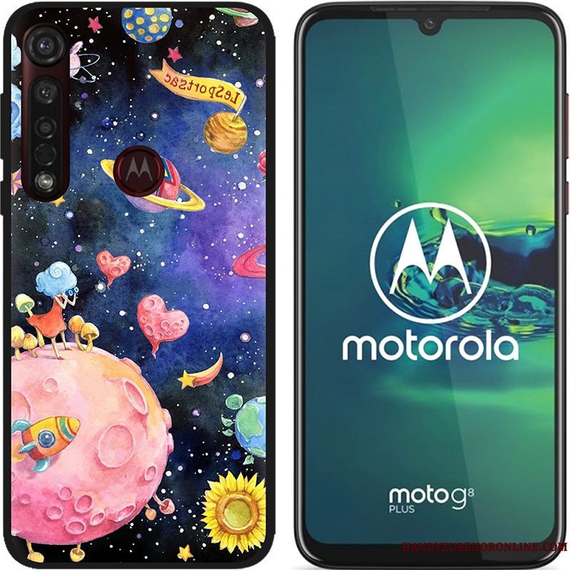 Etui Moto G8 Plus Cartoon Lyserød Nubuck, Cover Moto G8 Plus Kreativ Telefonsort