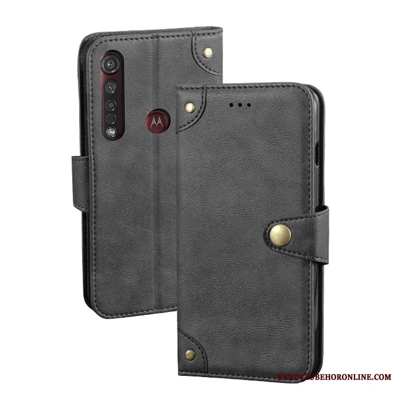 Etui Moto G8 Plus Vintage Sort Kort, Cover Moto G8 Plus Læder Telefon