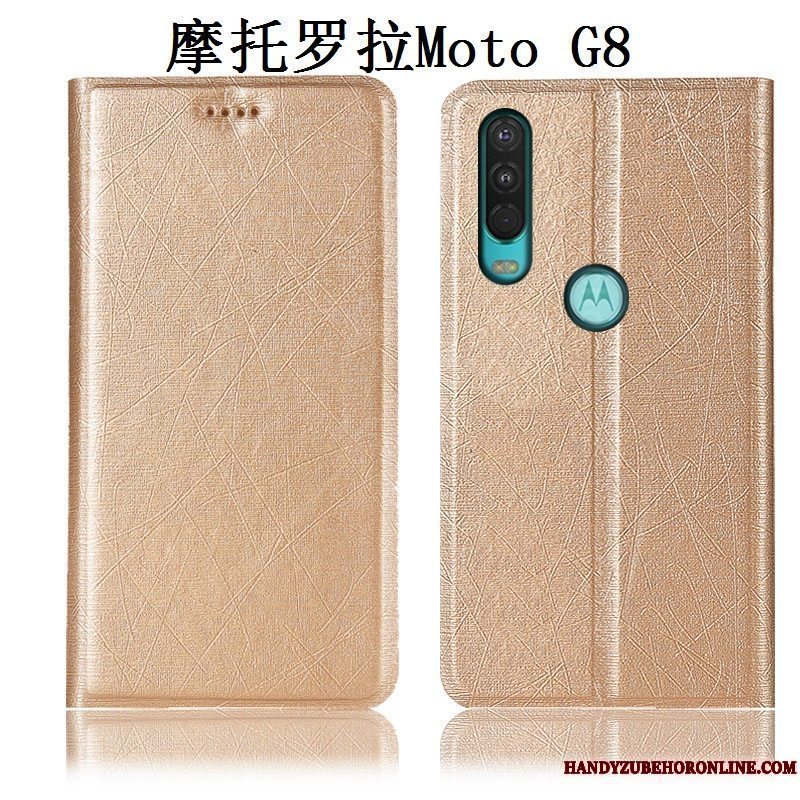 Etui Moto G8 Tasker Anti-fald Guld, Cover Moto G8 Læder Silke Telefon