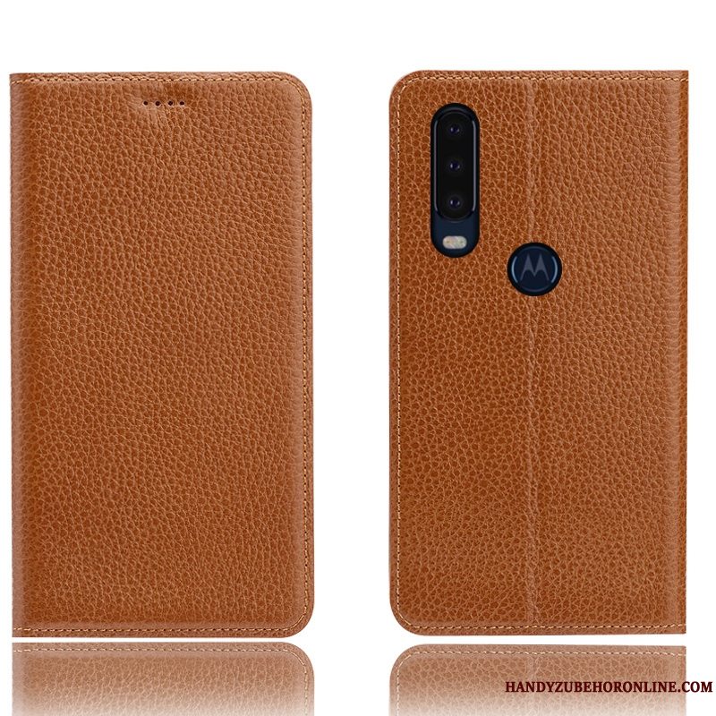 Etui Motorola One Action Folio Blå Litchi, Cover Motorola One Action Læder Anti-fald Mønster