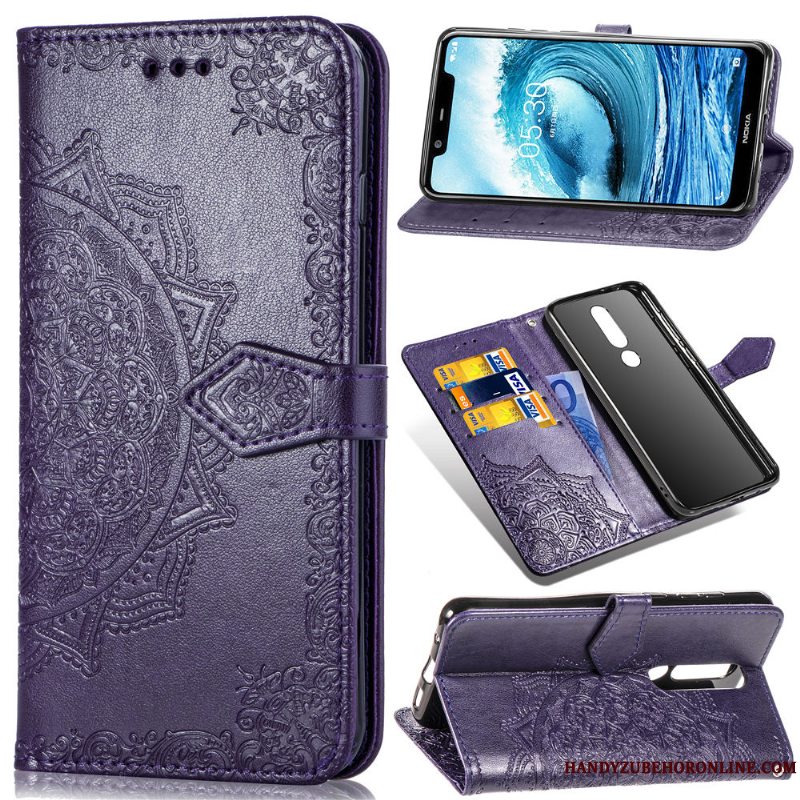 Etui Nokia 3.1 Plus Relief Solid Farve Sort, Cover Nokia 3.1 Plus Læder Telefonprægning
