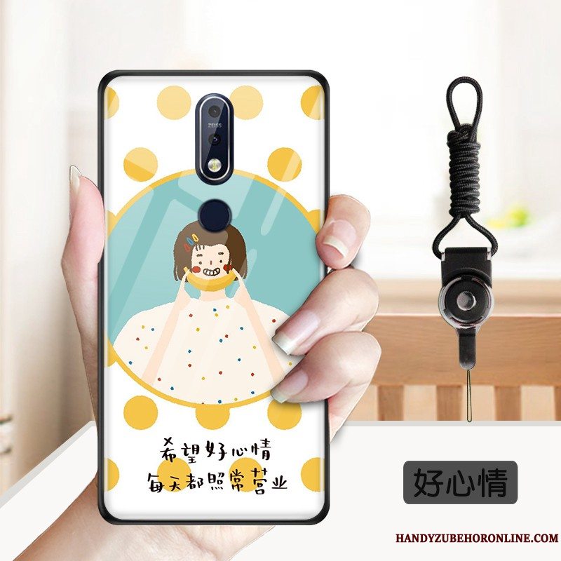 Etui Nokia 7.1 Blød Smuk Telefon, Cover Nokia 7.1 Cartoon Hærdet Glas Gul