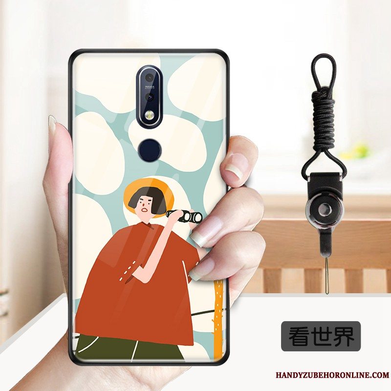 Etui Nokia 7.1 Blød Smuk Telefon, Cover Nokia 7.1 Cartoon Hærdet Glas Gul