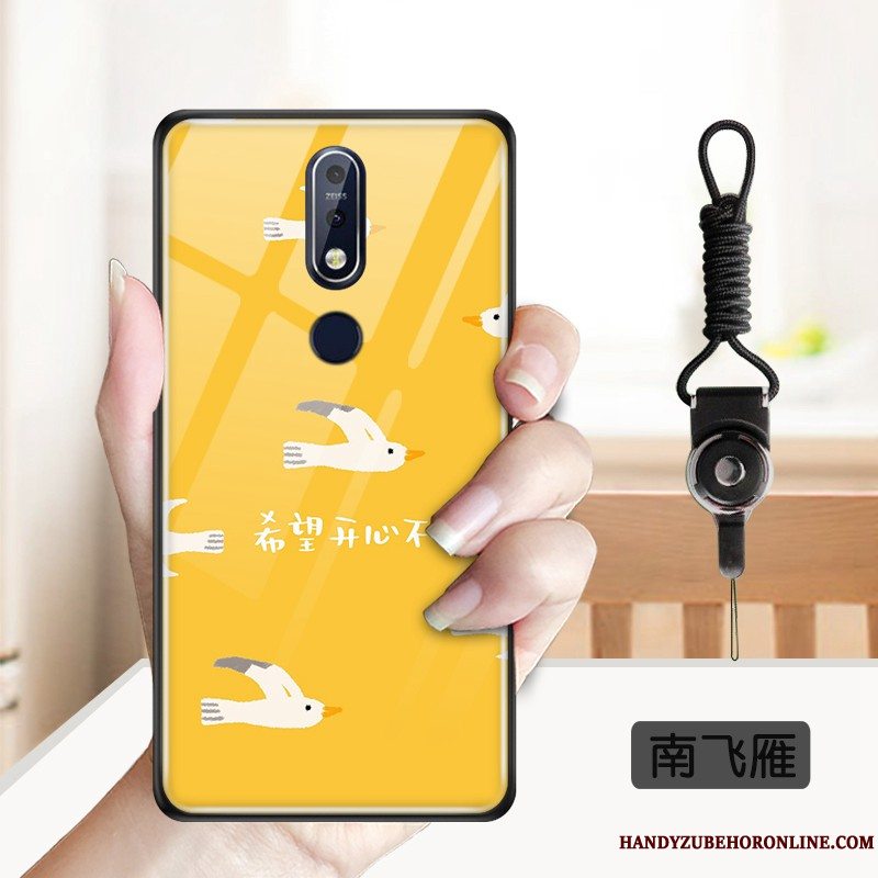 Etui Nokia 7.1 Blød Smuk Telefon, Cover Nokia 7.1 Cartoon Hærdet Glas Gul