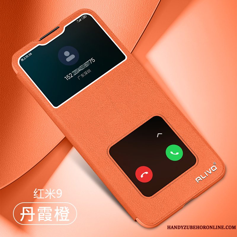 Etui Redmi 9 Læder Rød Telefon, Cover Redmi 9 Blød Grøn Anti-fald