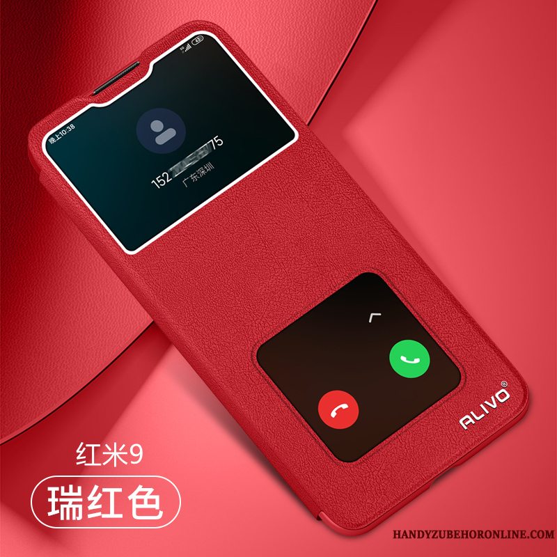Etui Redmi 9 Læder Rød Telefon, Cover Redmi 9 Blød Grøn Anti-fald