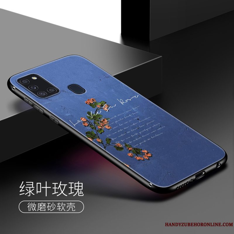 Etui Samsung Galaxy A21s Blød Oliemaleri Blå, Cover Samsung Galaxy A21s Silikone Telefonblomster