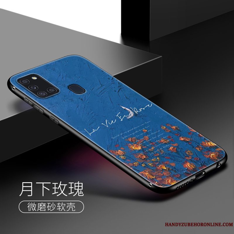 Etui Samsung Galaxy A21s Blød Oliemaleri Blå, Cover Samsung Galaxy A21s Silikone Telefonblomster