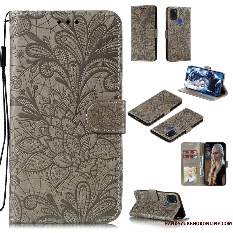 Etui Samsung Galaxy A21s Tasker Blomster Blonder, Cover Samsung Galaxy A21s Læder Telefongrøn