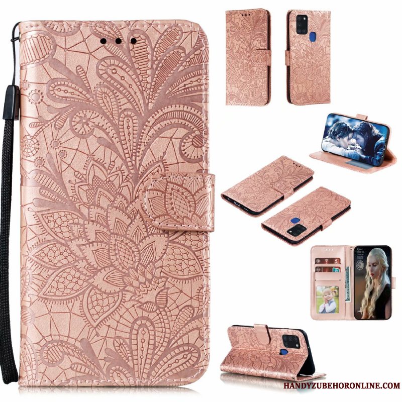 Etui Samsung Galaxy A21s Tasker Blomster Blonder, Cover Samsung Galaxy A21s Læder Telefongrøn