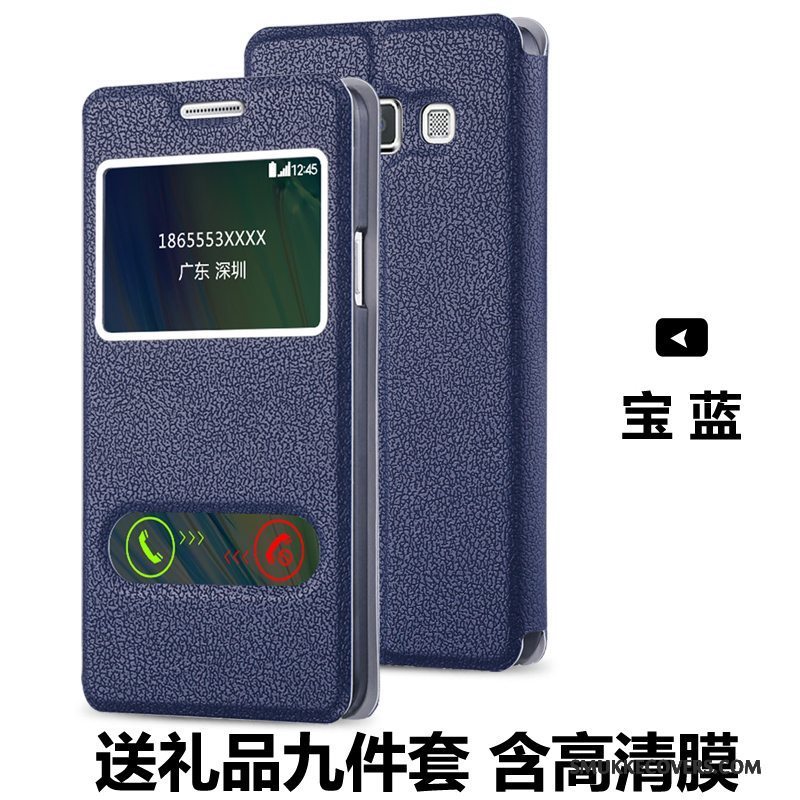 Etui Samsung Galaxy A3 2015 Læder Åbn Vindue Telefon, Cover Samsung Galaxy A3 2015 Folio Mørkeblå Anti-fald