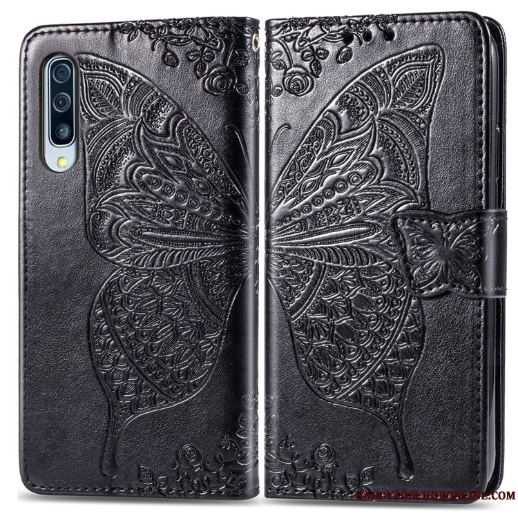 Etui Samsung Galaxy A50 Beskyttelse Anti-fald Telefon, Cover Samsung Galaxy A50 Læder Blomster Blå