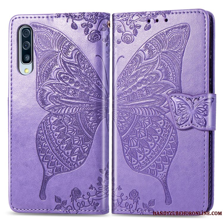 Etui Samsung Galaxy A50 Beskyttelse Anti-fald Telefon, Cover Samsung Galaxy A50 Læder Blomster Blå