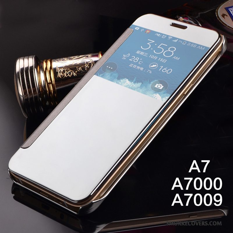 Etui Samsung Galaxy A7 2015 Folio Spejl Telefon, Cover Samsung Galaxy A7 2015 Læder Lyserød