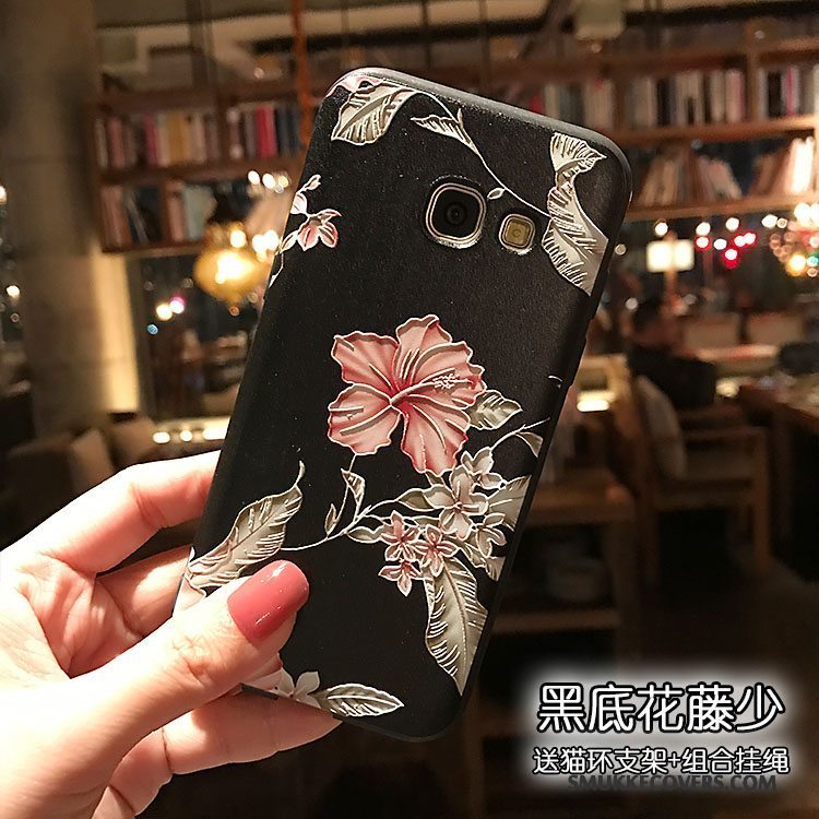 Etui Samsung Galaxy A7 2017 Farve Telefonnubuck, Cover Samsung Galaxy A7 2017 Blomster Sort Lille Sektion