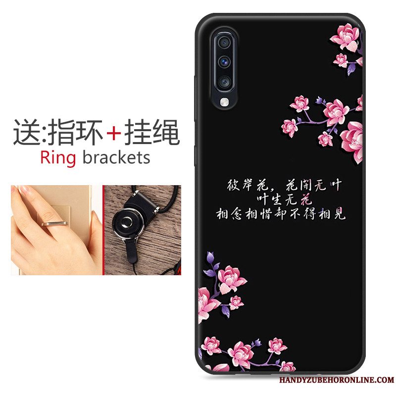 Etui Samsung Galaxy A70 Silikone Sort Blomster, Cover Samsung Galaxy A70 Tasker Hængende Ornamenter Telefon