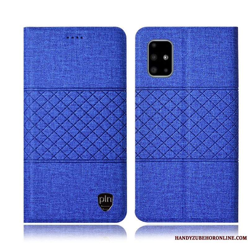 Etui Samsung Galaxy A71 Tasker Telefonbomuld Og Linned, Cover Samsung Galaxy A71 Læder Dyb Farve Ternet