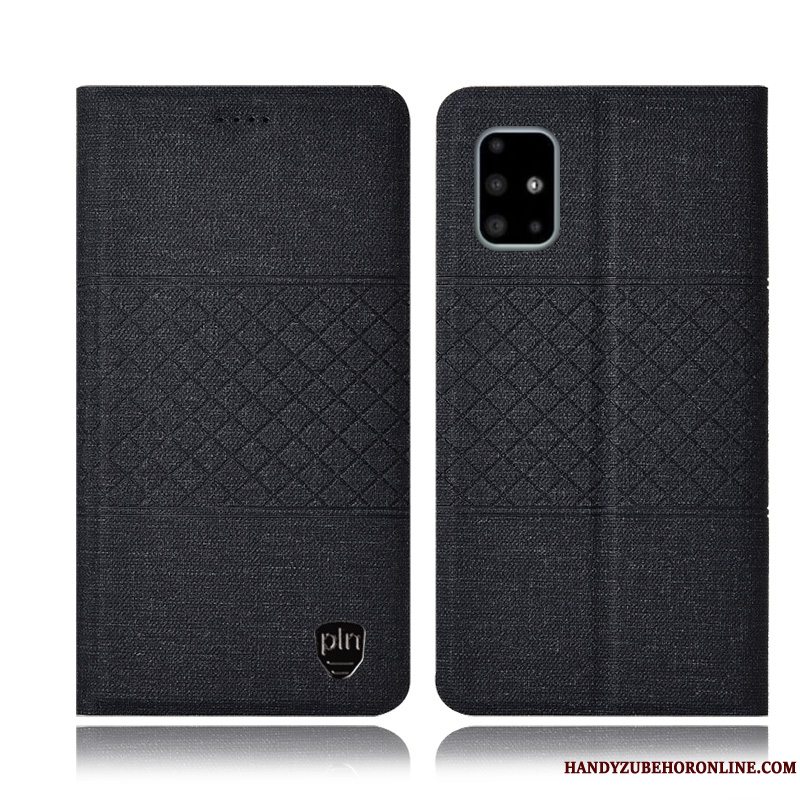 Etui Samsung Galaxy A71 Tasker Telefonbomuld Og Linned, Cover Samsung Galaxy A71 Læder Dyb Farve Ternet