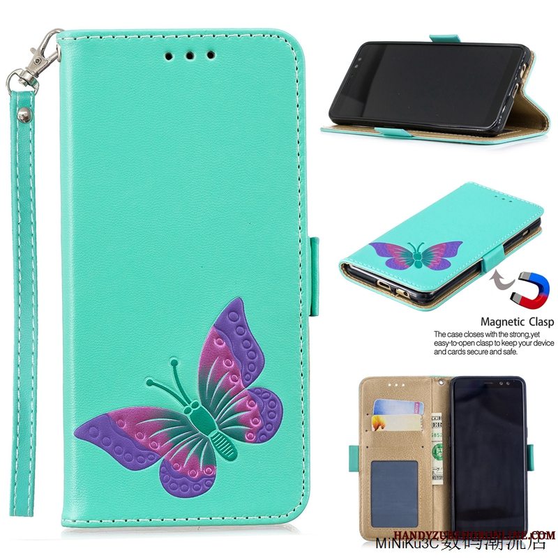 Etui Samsung Galaxy A8 2018 Folio Kort Anti-fald, Cover Samsung Galaxy A8 2018 Beskyttelse Grøn Telefon