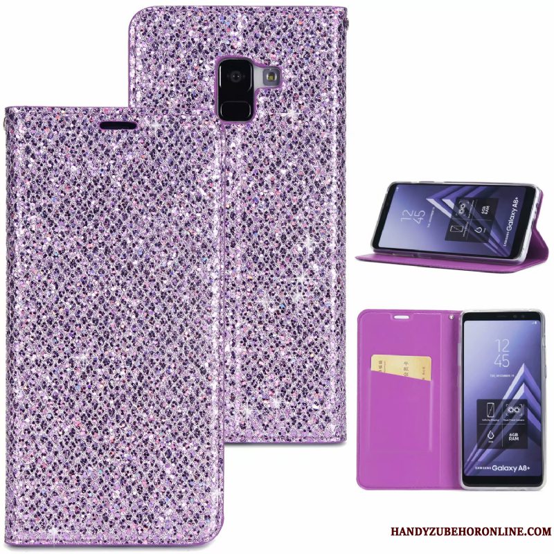 Etui Samsung Galaxy A8 2018 Tasker Pulver Telefon, Cover Samsung Galaxy A8 2018 Læder Anti-fald Lilla