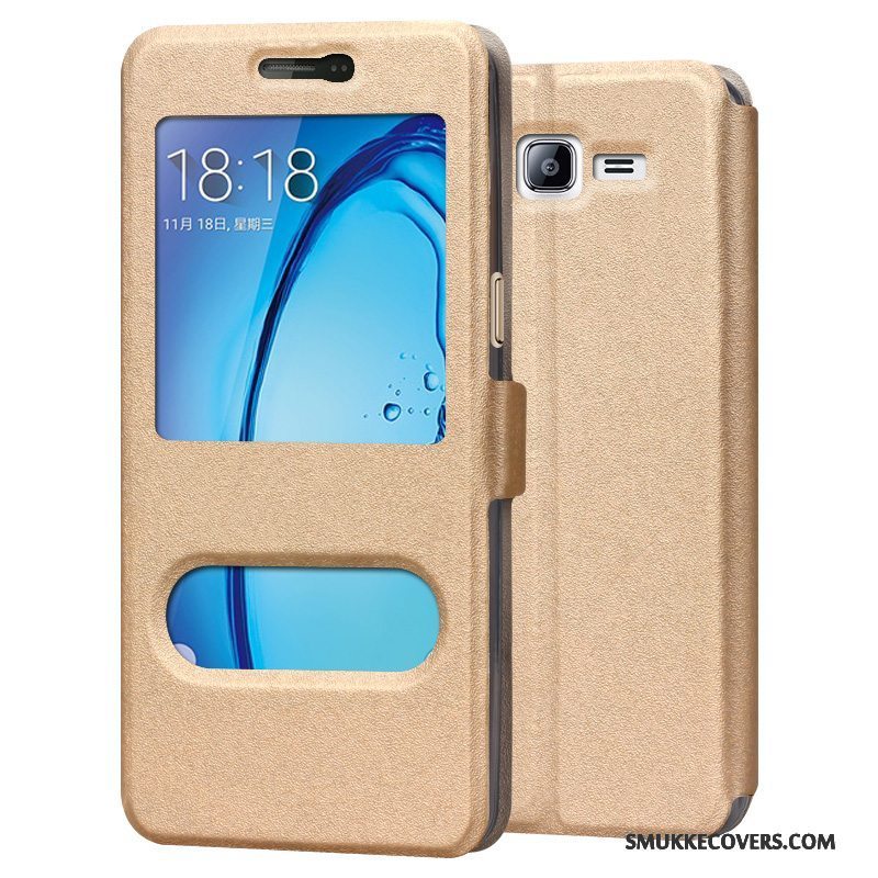 Etui Samsung Galaxy J3 2016 Læder Guld Telefon, Cover Samsung Galaxy J3 2016 Beskyttelse Anti-fald