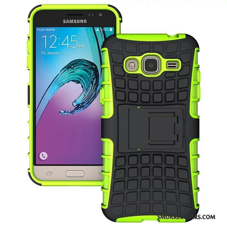 Etui Samsung Galaxy J3 2016 Support Sort Lilla, Cover Samsung Galaxy J3 2016 Beskyttelse Anti-fald Grøn