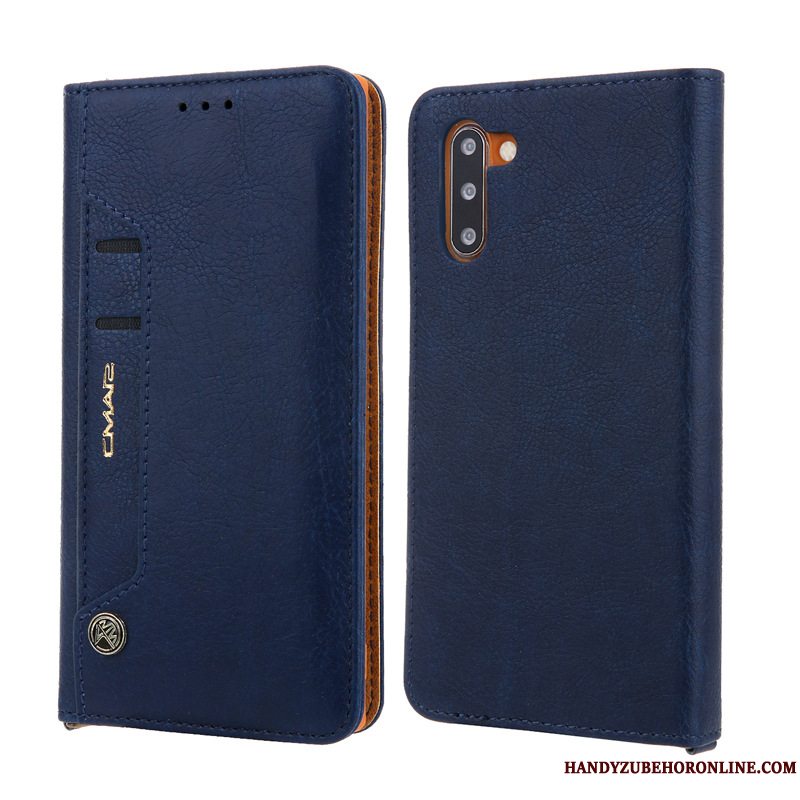 Etui Samsung Galaxy Note 10 Læder Blå Kort, Cover Samsung Galaxy Note 10 Folio Telefon