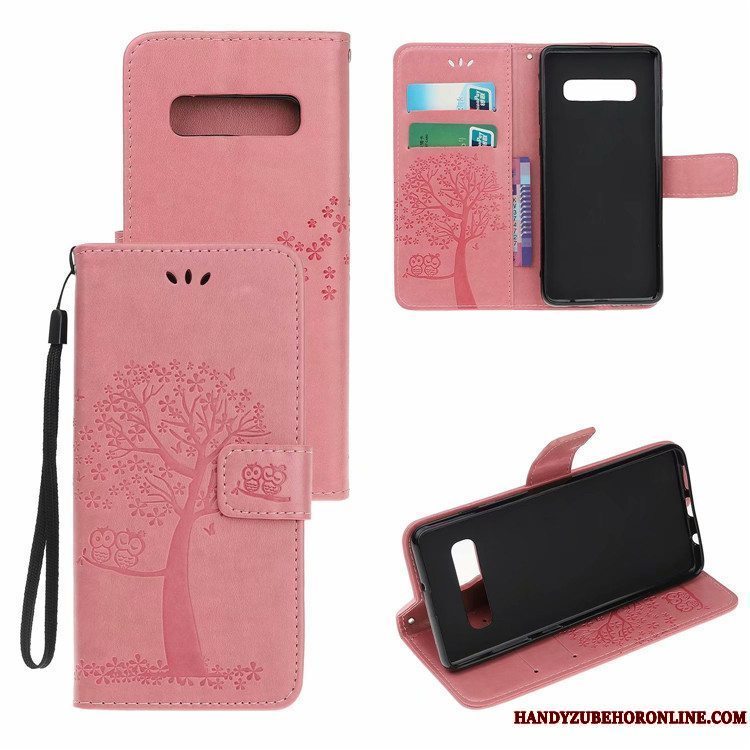 Etui Samsung Galaxy S10 Læder Rød Tree, Cover Samsung Galaxy S10 Cartoon Kort Kat